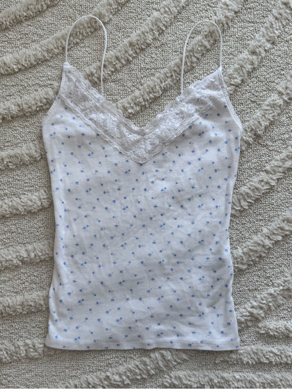 Hollister Blue Floral Cotton Tank Top With Lace Detail Women’s Size Small